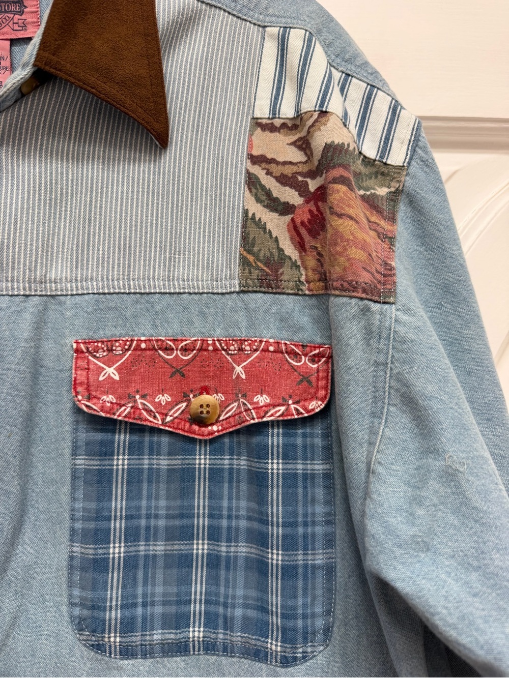 Patchwork Denim Button-Up Shirt with Brown Collar Cottagecore - Picture 4 of 7